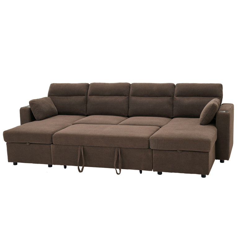 Convertible Sectional Sofa With Storage Chaise, Cup Holders And Pull Out Sleeper