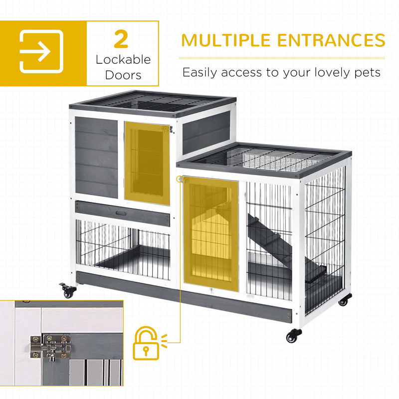 Pawhut - Wooden Rabbit Hutch Elevated Bunny Cage Indoor Small Animal Habitat With Enclosed Run With Wheels, Ramp, Removable Tray Ideal For Guinea Pigs - Gray / White