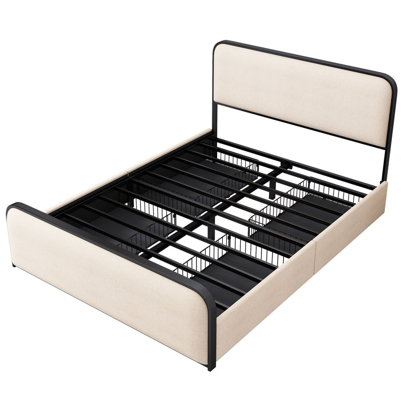 Modern Bed With Curved Upholstered Headboard And Footboard, Heavy Duty Metal Slats