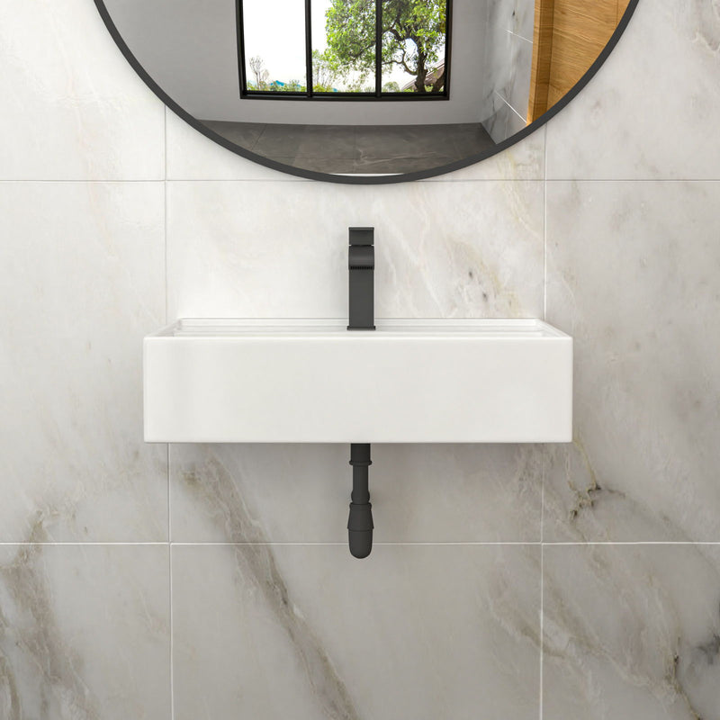 Modern Ceramic Rectangular Wall Mounted Bathroom Sink With Faucet Hole & Overflow
