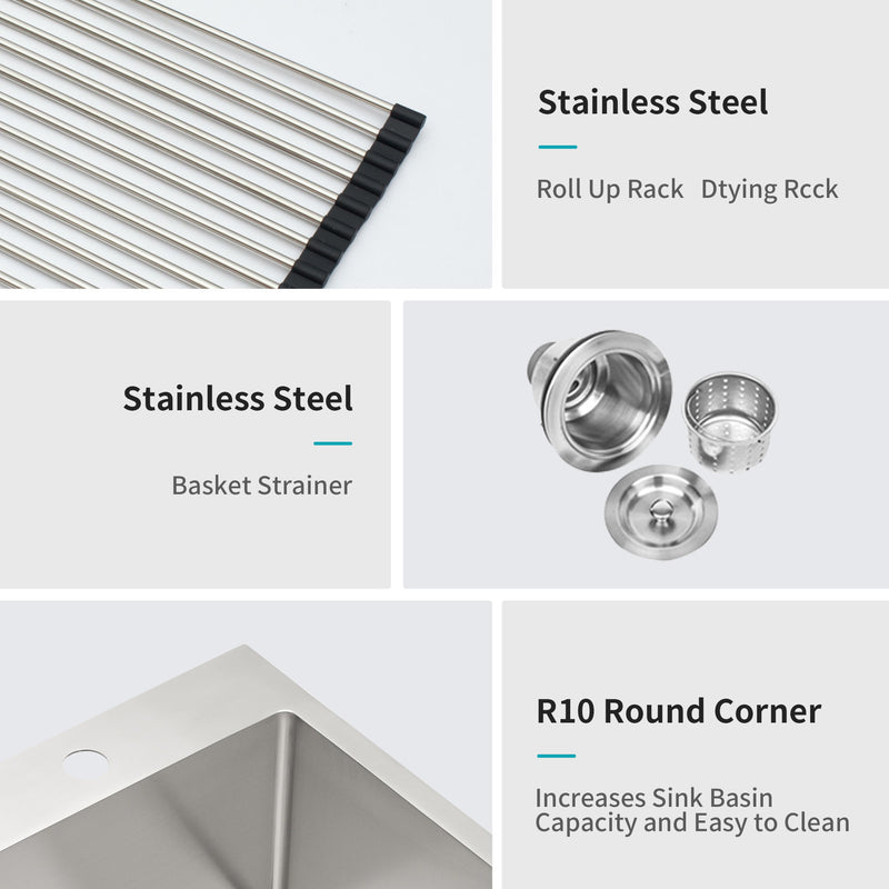 Drop In Kitchen Sink, 16 Gauge Stainless Steel, Single Bowl, Topmount Basin