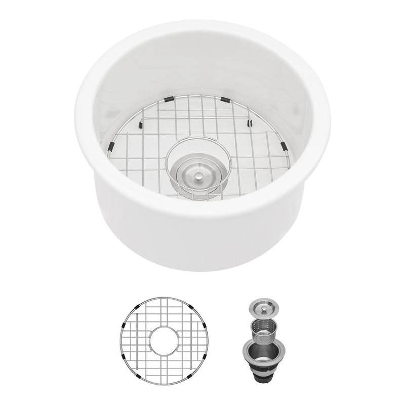Ceramic Circular Kitchen Sink With Drain Assembly And Bottom Grid, 18" Dual Mount - White