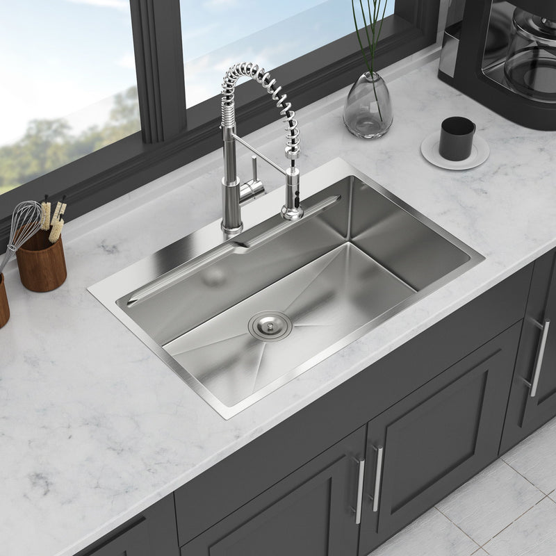 33" Drop In Kitchen Sink With Ledge Workstation, Single Bowl, 16 Gauge Stainless Steel - Brushed Nickel