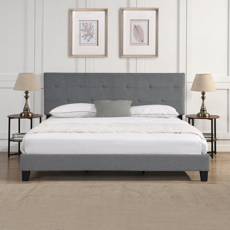 King Size Upholstered Platform Bed Frame With Button Tufted Fabric Headboard, No Box Spring Needed, Wood Slat Support