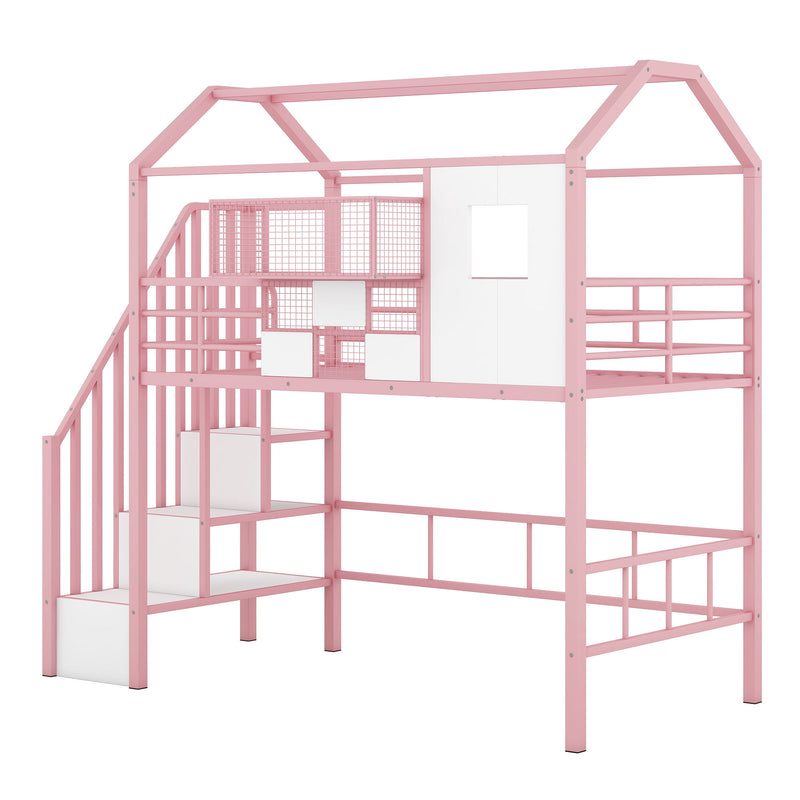 Metal Loft Bed With Roof Design And Storage Box With Guardrails And Integrated Ladder