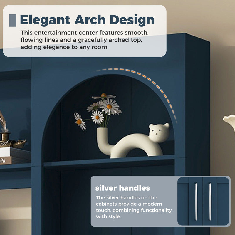 Arched Entertainment Center Wall Unit With Drawers With Adjustable Shelves For Living Room - Blue