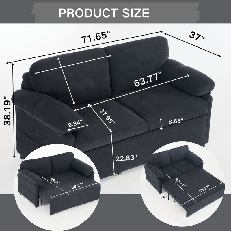 Convertible Pull Out Sofa Bed Queen Size, 3 In 1 With Side Storage