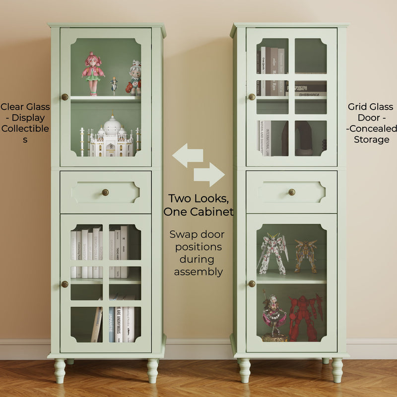 Curio Cabinet, Freestanding Vintage Display Storage Cabinet, Adjustable Shelves - Green