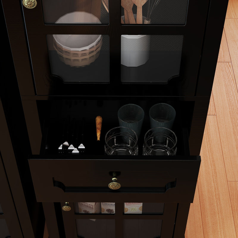 Storage Cabinet, Freestanding Curio Cabinet With Grid Doors & Drawer, Pantry Display Cabinet For Kitchen