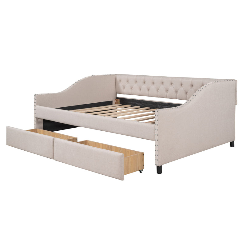 Upholstered Daybed With Two Drawers, Wood Slat Support