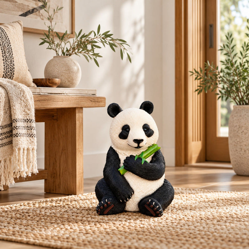 Panda Garden Statue, Sitting Animal Sculpture With Bamboo For Patio - Black White