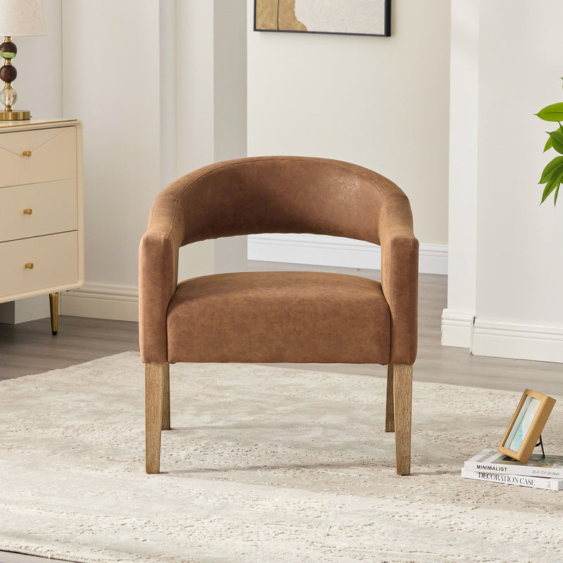 Upholstered Open Back Armchair With Weathered Rubberwood Legs