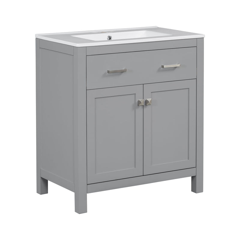 Bathroom Vanity With Ceramic Sink, Modern Single Bathroom Cabinet With 2 Doors And A Shelf, Soft Close Doors
