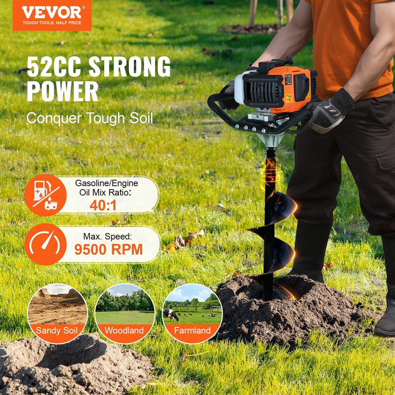 Vevor Gas Post Hole Digger 52Cc 1450W With 8 Drill Bits & Extension Rod Aluminium Alloy - Black