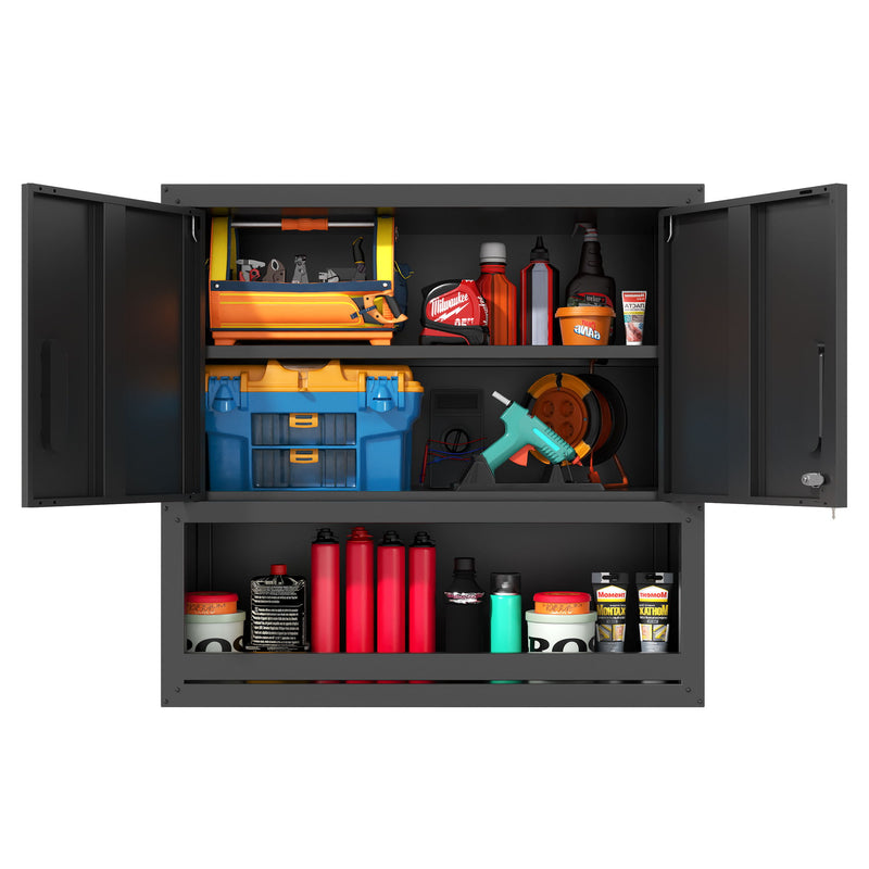 Wall-Mounted Storage Cabinet With Locking Door, 1 Shelf And Open Drawer - Black