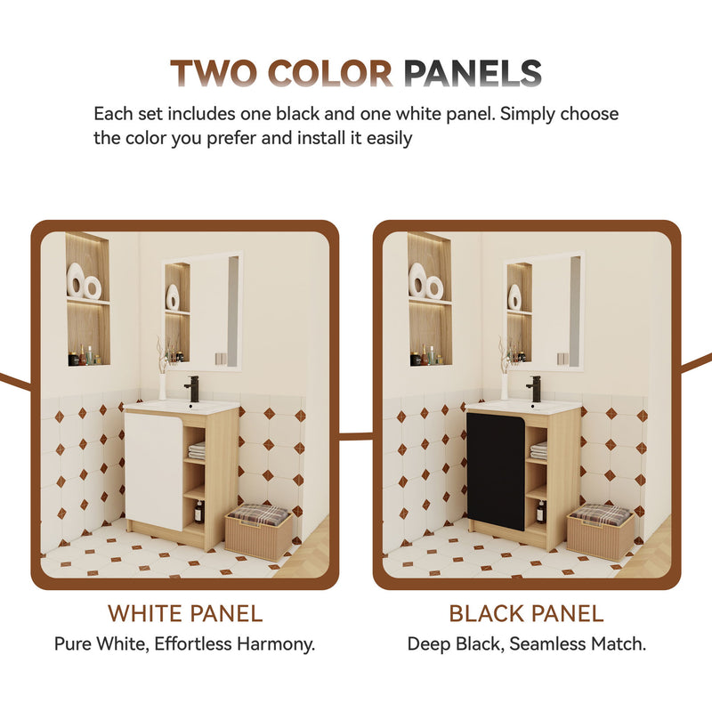 24" Bathroom Vanity With Sink & Side Cabinet, Vanity Set With Thin Edge Sink & Interchangeable Door Panels, Bathroom Storage - Black / Light Oak / White