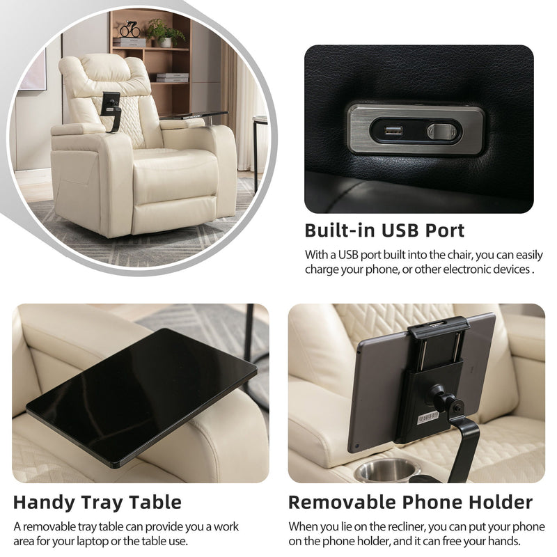 270 Degree Swivel Power Recliner With Tray Table, Phone Holder, Cup Holder, USB Port