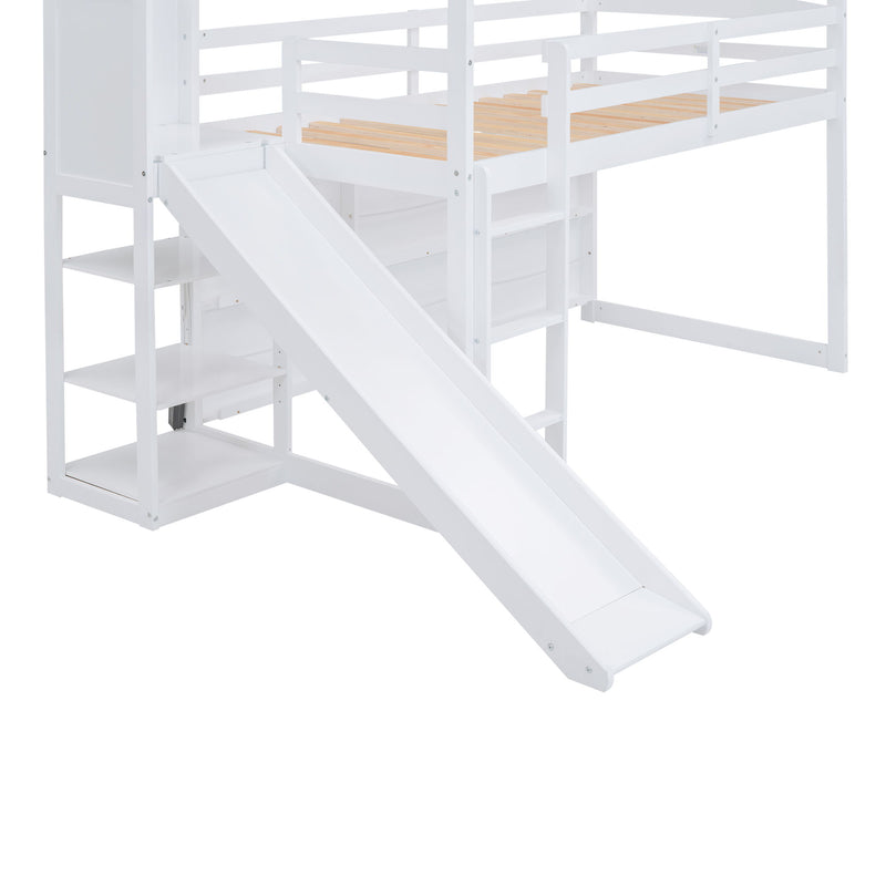 House Loft Bed With Slide, Storage Shelves And Light, Climbing Ramp