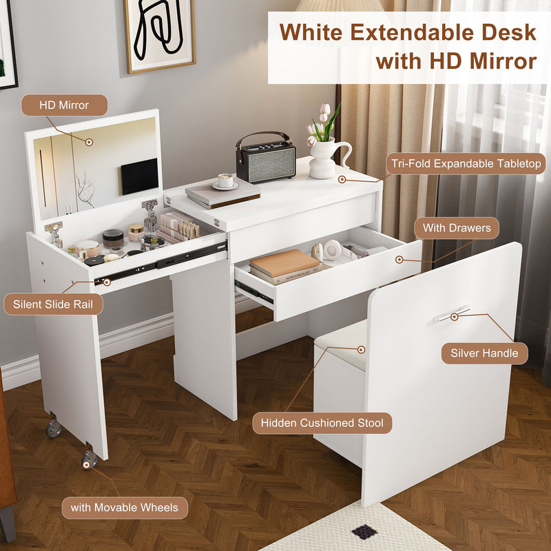Folding Desk With Mirror And Storage Stol For Bedroom