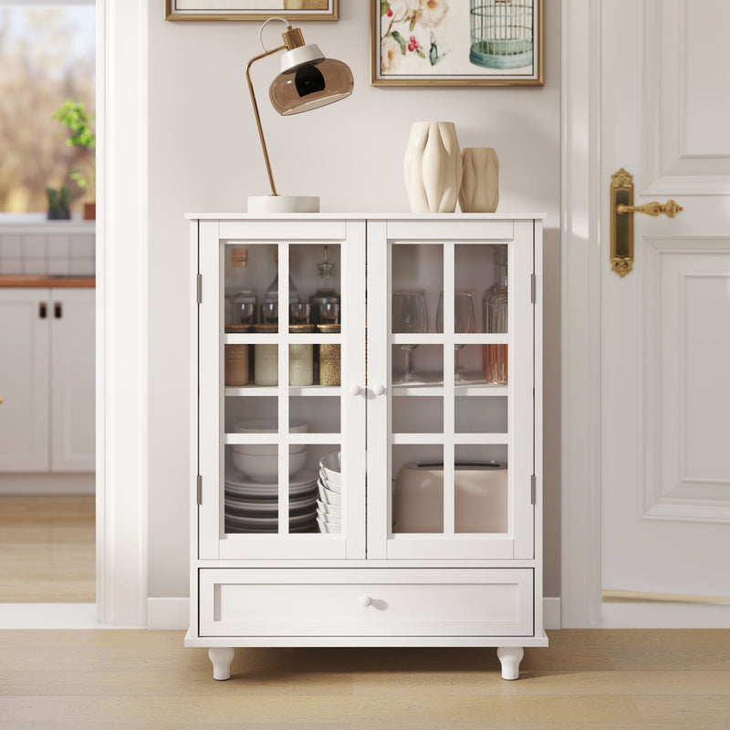 Minimalist Buffet Cabinet With Double Glass Doors And Drawer