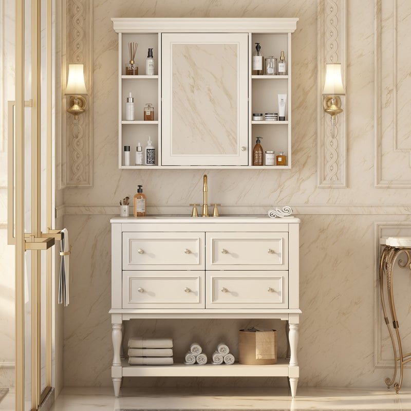Bathroom Vanity With Medicine Cabinet, Storage Cabinet With 4 Drawers, Adjustable Shelf Mirror