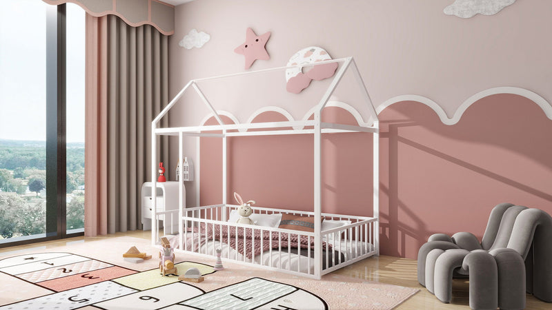 Metal Bed House Bed Frame With Fence