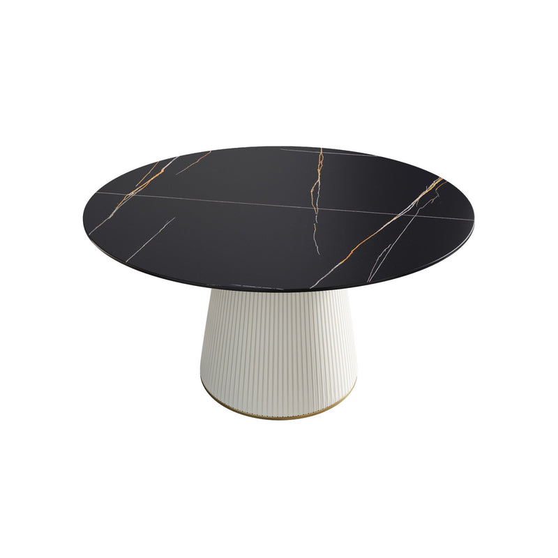 Modern Artificial Stone Round Plywood Base Dining Table, Can Accommodate 6 People, (Not Including Chairs) - Black / Beige