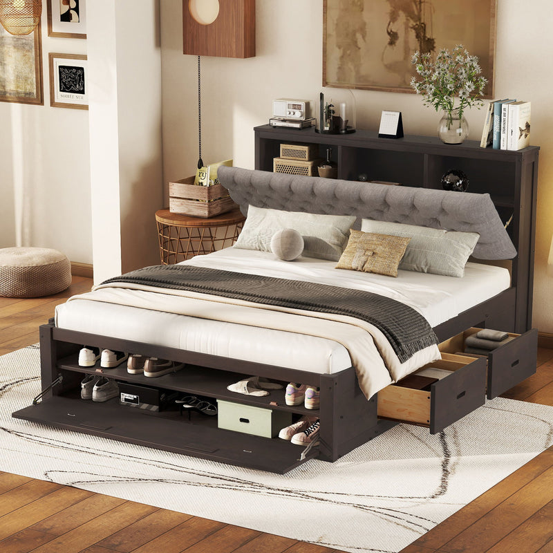 Platform Bed With Storage Headboard, Shoe Rack And 4 Drawers