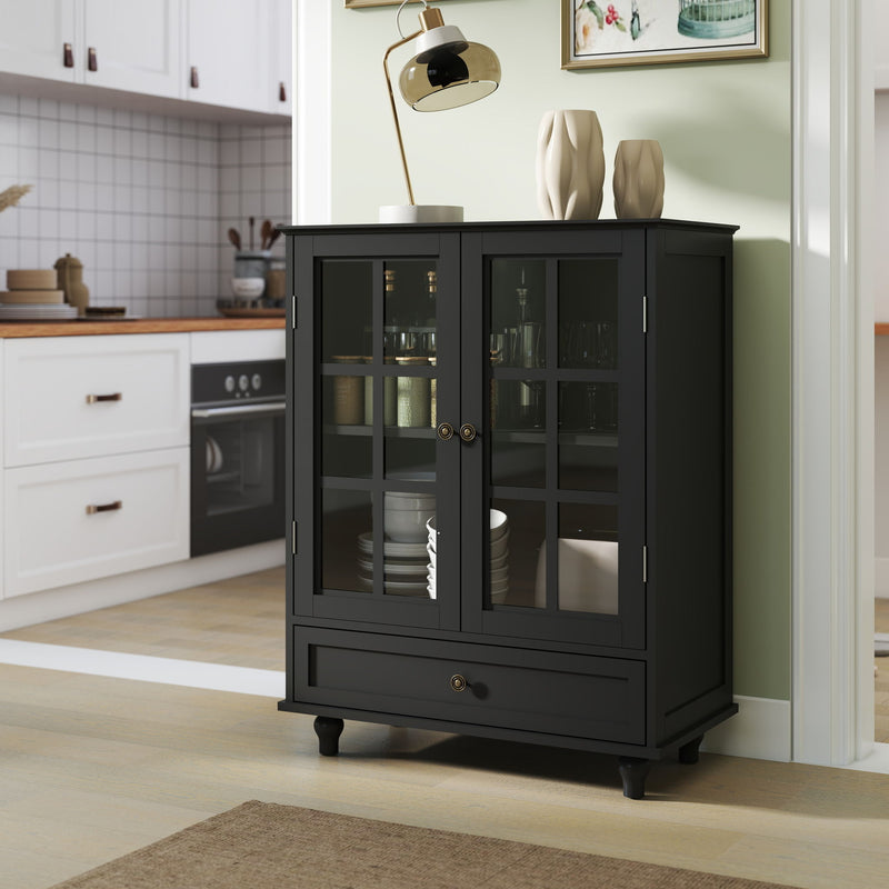 Minimalist Buffet Cabinet With Double Glass Doors And Drawer