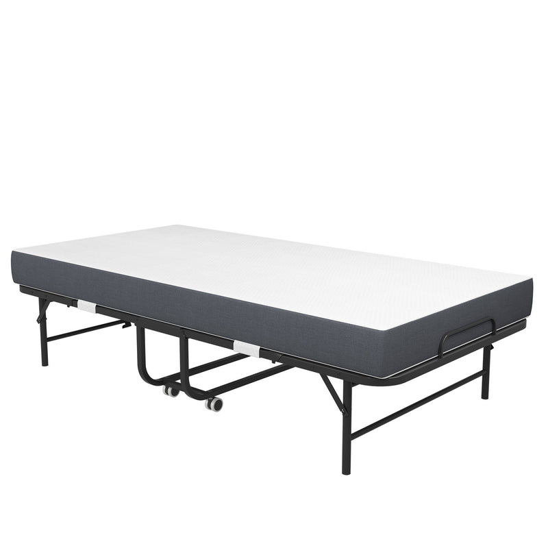 Twin Folding Bed With Memory Foam Mattress Portable Rollaway Bed Sturdy Metal Frame - Brushed Nickel