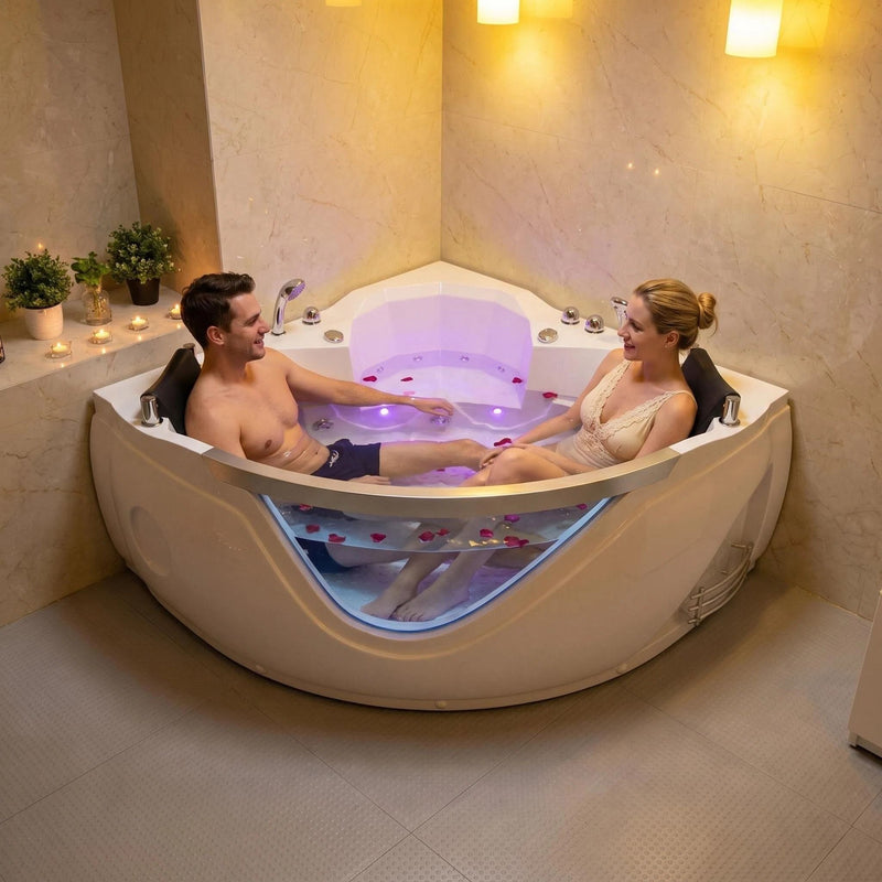 Xavier - Double Corner Massage Bathtub, Equipped & Gfci Plug And Ul Certified Water Pump, Upc Certified Drain - Milk White