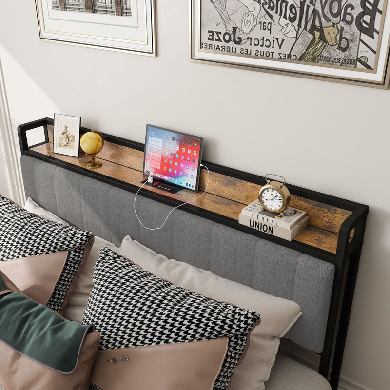 Bed With Charging Station, American Design Upholstered Headboard, Metal Platform