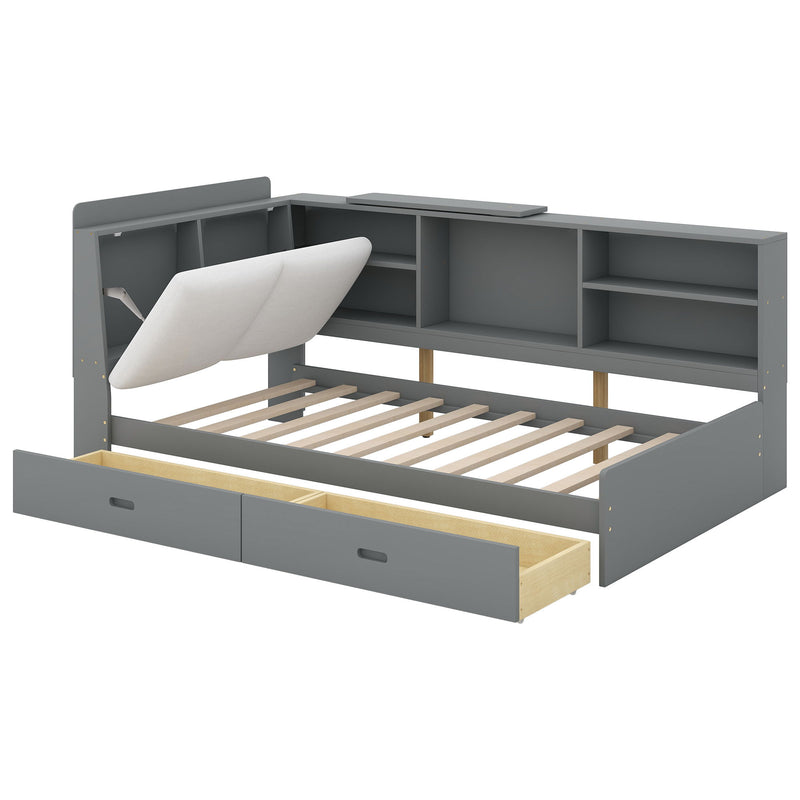 Platform Bed With Storage Headboard, Shelves And 2 Drawers