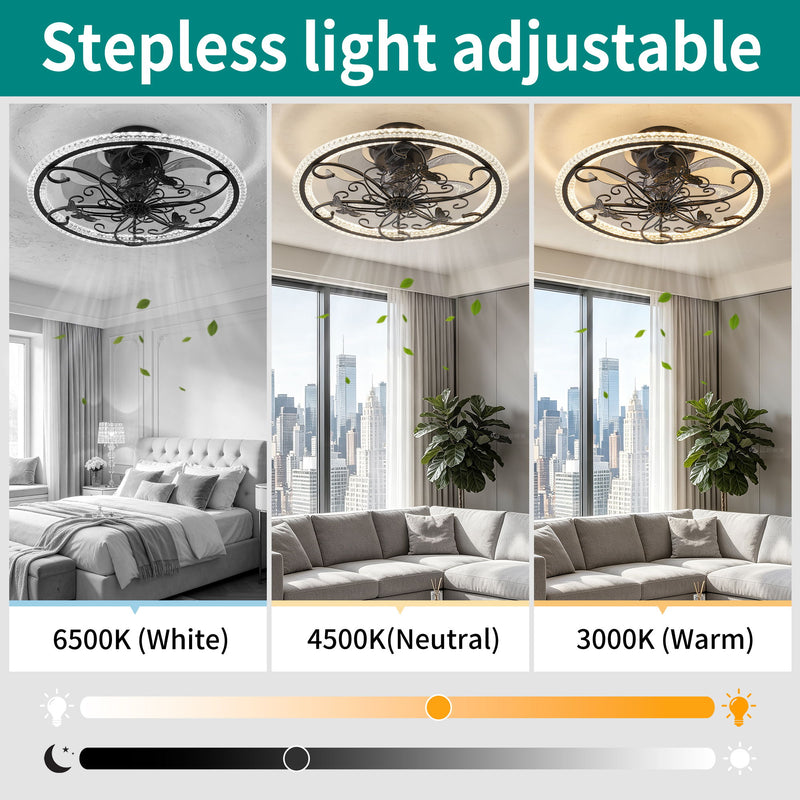 Ceiling Fan With Lights Remote Control, 6 Speeds 3 Color Caged Ceiling Fan - Matte Black