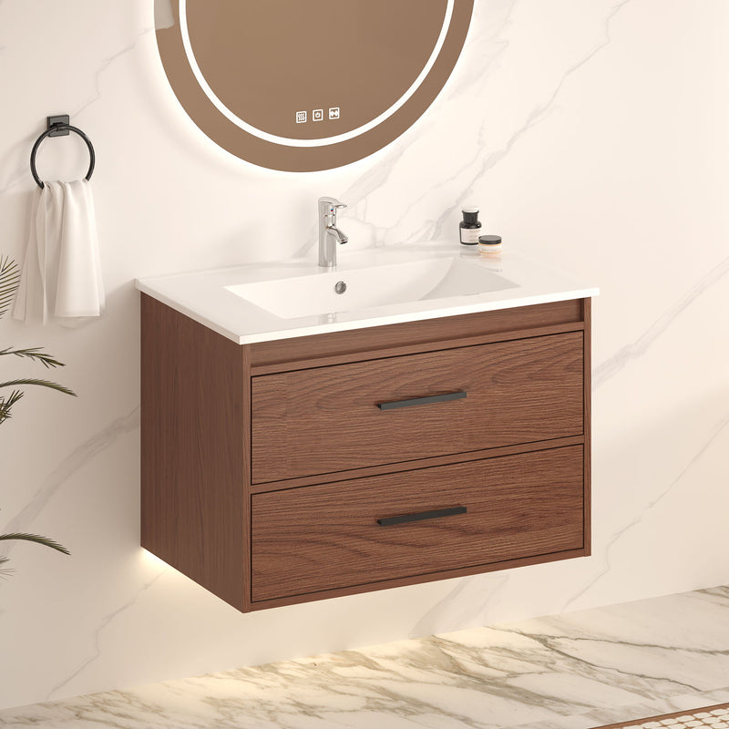 Wall Mounting Bathroom Vanity With Soft Close 2 Drawer, Sink - Reddish Brown