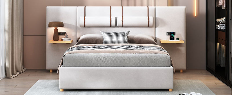 Upholstered Platform Bed, 2 Outlets And USB Charging Ports On Both Sides, 2 Bedside Pillows, Storage Shelves