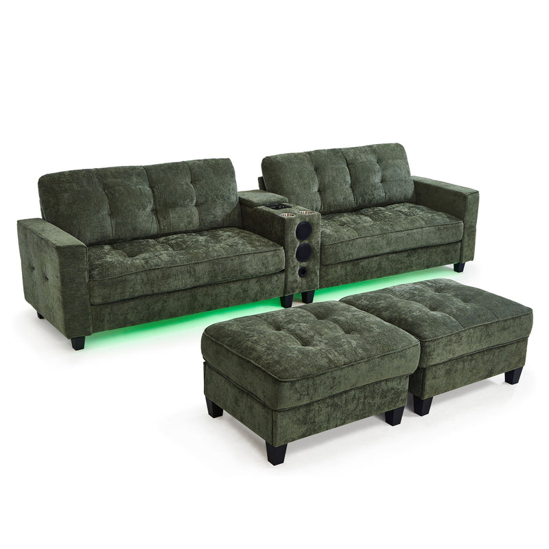 Modern Sectional Sofa U-Shaped With Movable Ottomans, tooth Speakers, LED Lights And Modular Storage