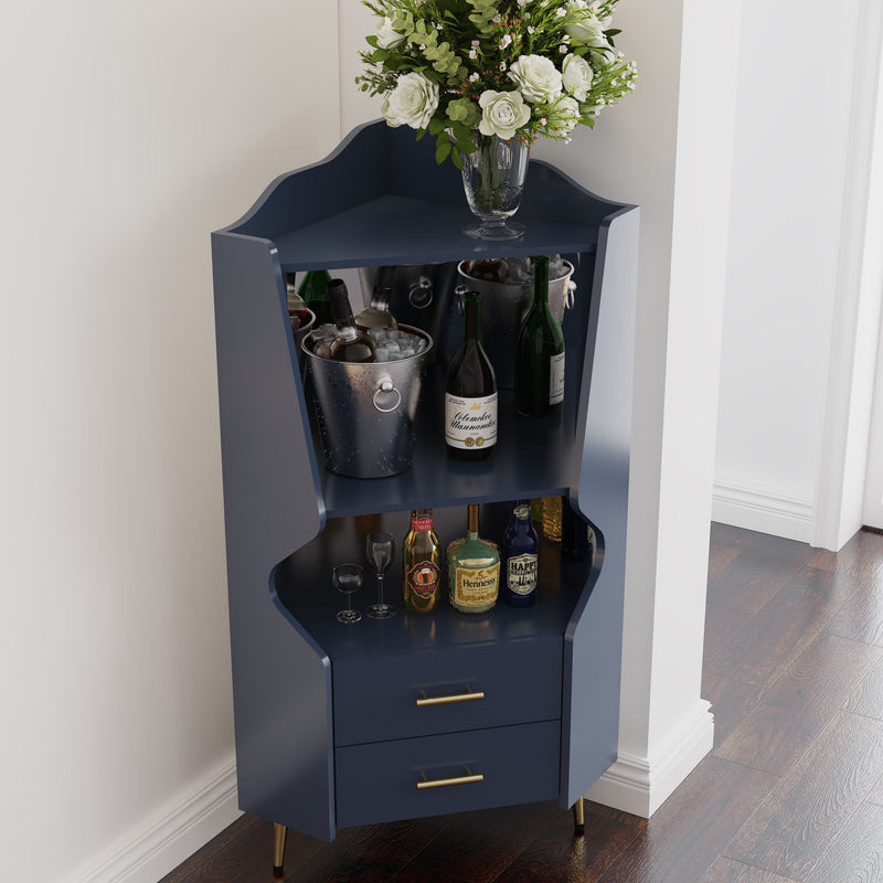 Corner Bar Cabinet With Mirrored Back, 2 Open Shelves & 2 Drawers, High Legs For Easy Cleaning