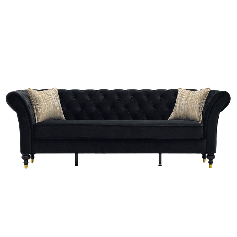 3 Seater Button Tufted Sofa With Rolled Arms, Living Room Couch With 2 Pillows - Black