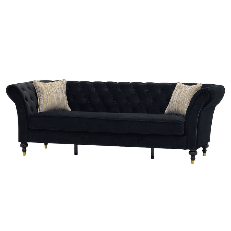 3 Seater Button Tufted Sofa With Rolled Arms, Living Room Couch With 2 Pillows - Black
