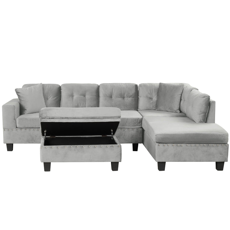 Modern Sectional Sofa With Storage Ottoman, L - Shape Couch With 2 Pillows And Cup Holders