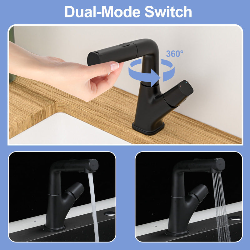 Pull Down Bathroom Sink Faucet With Three Water Modes And Construction - Matte Black