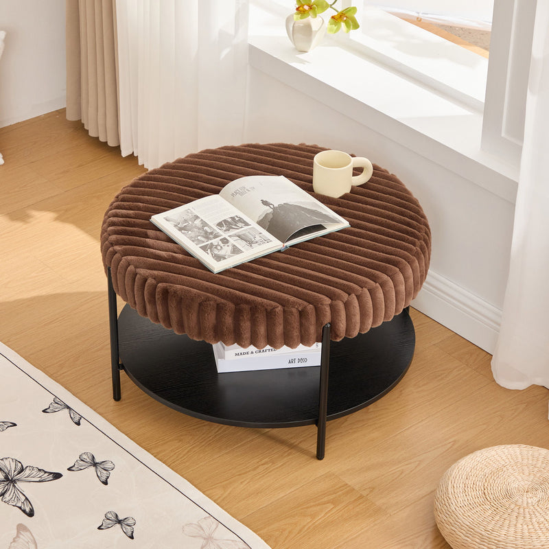 Modern Upholstered Round Ottoman Coffee Table With Storage Shelf