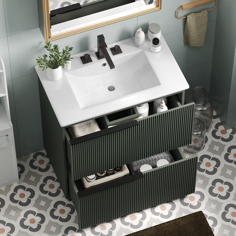 Fluted Bathroom Vanity With Ceramic Sink, Soft Close Slides