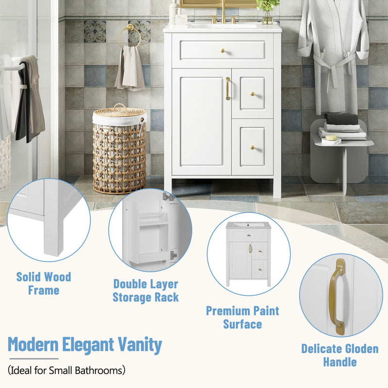Elegant Bathroom Vanity With Ceramic Sink, Soft Close Doors And Drawers, Double Storage Racks