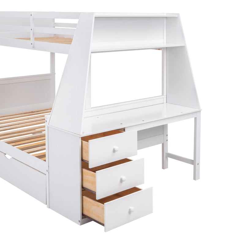 Bunk Bed With Trundle And Built In Desk, 3 Storage Drawers And Shelf