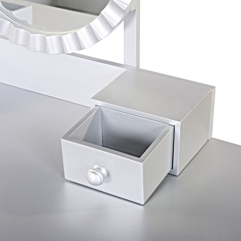Luxury Vanity Desk With Round Mirror Height Adjustable Dressing Table Set Engineered Wood - Silver