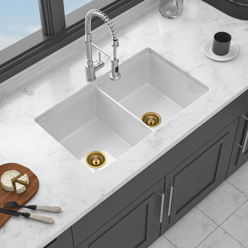 32" Undermount Double Bowl Kitchen Sink Rectangular Deep Dual Bas With Grids - White
