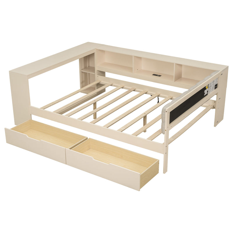 Upholstered Headboard Platform Bed With Storage Shelves, Drawers, Charging Station