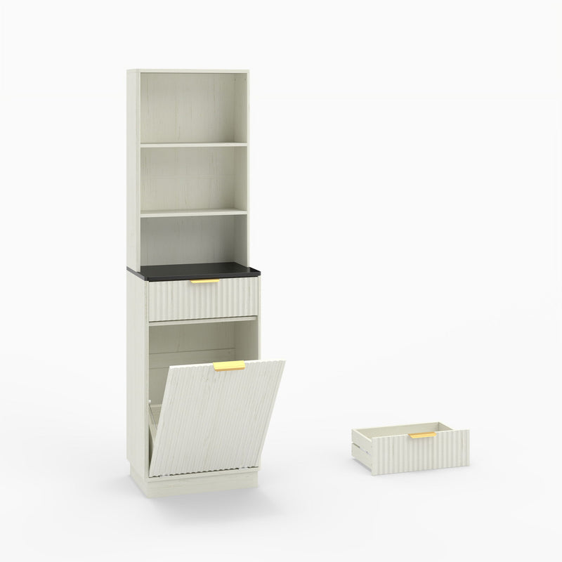 Tall Narrow Fluted Storage Cabinet With Trash Bin Compartment For Kitchen (Trash Can Not Included)